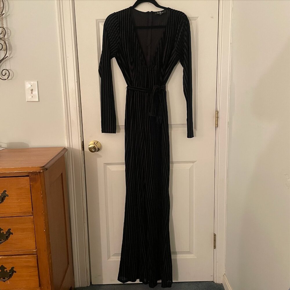 Lulus Black Velvet Striped Long Sleeve Jumpsuit - Size Medium
